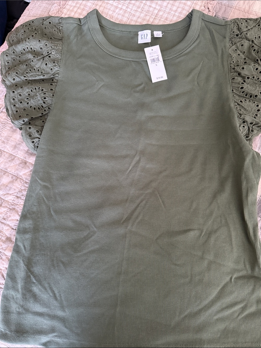 GAP Olive Eyelet Puff-Sleeve Ribbed Tee